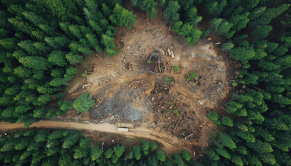 Aerial photo showing a forest area that has been massively cleared