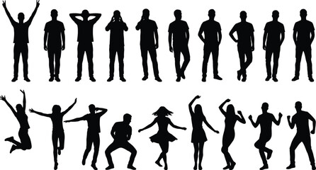 Black Silhouettes of People in Static and Dynamic Poses – Standing, Jumping, Dancing, Gesturing – Motion, Expression, Lifestyle Concept