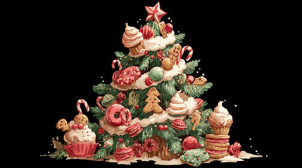 A Christmas tree decorated with candy canes, cookies, and sweets ,Cristmas, vector style