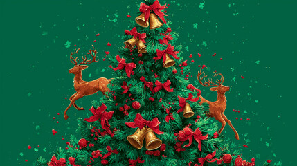 A Christmas tree decorated with ribbons, bells, and reindeer motifs ,Cristmas, vector style