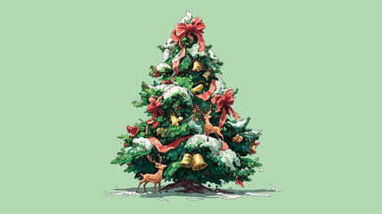 A Christmas tree decorated with ribbons, bells, and reindeer motifs ,Cristmas, vector style
