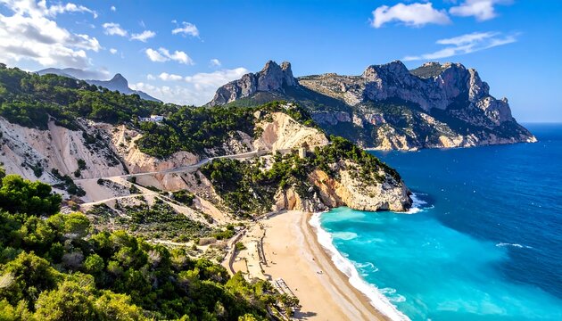 Scenic coastal view of a beach and mountains