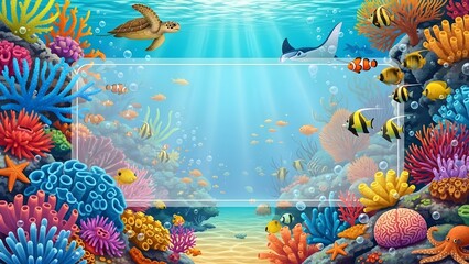 Vibrant Underwater Coral Reef Scene with Frame for Text perfect for website banner, children's book cover, educational material, social media post, presentation