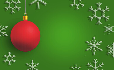 Christmas card with illustrations of snowflakes and Christmas balls. Christmas card with a green background