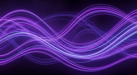 Purple and blue glowing wavy lines create dynamic abstract light trails background