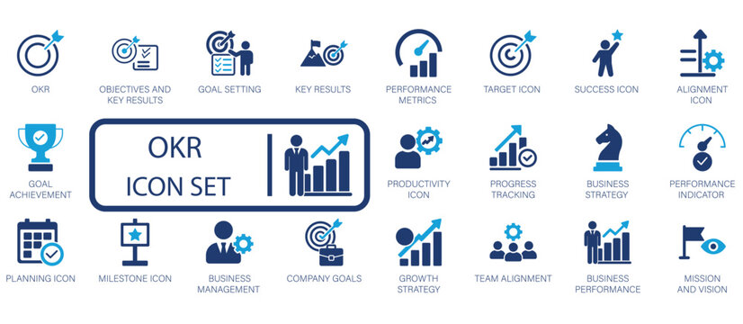 OKR icon set featuring objectives and key results, goal setting, performance metrics, success tracking, business strategy, milestone planning, and company growth alignment symbols.