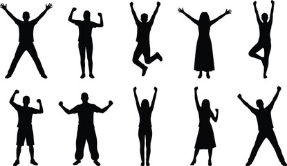 Silhouettes of people in joyful, triumphant poses with raised arms and jumping stances, expressing celebration, success, and positive energy