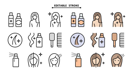 Hair care and treatment color icons set of vector woman beauty salon. Editable stroke. Dry shampoo, conditioner. Woman health hair care symbols. Vector signs for web design isolated on white backgroun