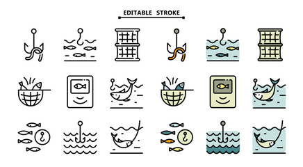 Various fishing related icons set. Editable stroke. Fishing Vector Color Icons. Catch seafood symbols. Vector Illustration. Isolated on White Background.