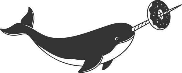 Playful narwhal with a delicious donut on its tusk monochrome © SEMA