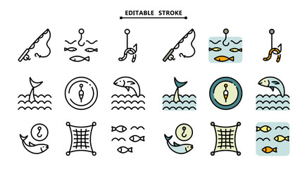 Various fishing related icons set. Editable stroke. Fishing Vector Color Icons. Catch seafood symbols. Vector Illustration. Isolated on White Background.
