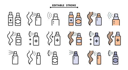 Hair care cosmetics color icons set. Editable stroke. Hair Spray vector sign of woman beauty salon. Dry shampoo, conditioner, hair mask line sign. Woman health haircare symbol. 