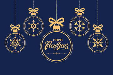 Elegant 2026 New Year greeting card with GOLD snowflake Christmas baubles and ribbon bows hanging on BLUE background, modern festive holiday illustration ideal for seasonal invitations, banners and ad