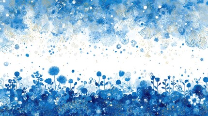 Decorative border design features rich blue watercolor floral elements against a white background