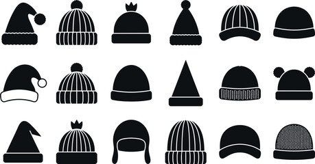 Silhouettes of twenty winter hats in various styles including beanies, trapper hats, and Santa caps for seasonal fashion themes