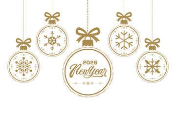Elegant 2026 New Year greeting card with gold snowflake Christmas baubles and ribbon bows hanging on white background, minimalist festive holiday illustration ideal for seasonal invitations, banners a