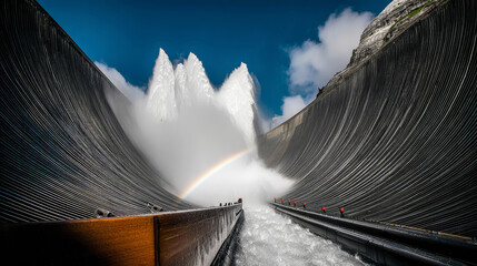 Hydroelectric dam spillway during controlled water release. Powerful streams creating mist flows in the form of a heavenly rainbow.