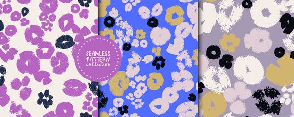 Set of three abstract floral seamless patterns in a modern color palette. Ideal for textile prints, packaging, wallpapers, fabric design, stationery