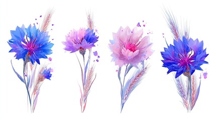 Several watercolor illustrations depict bright blue and soft pink blossoms accompanied by delicate grain stalks