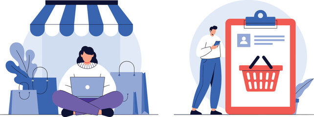 Concept of online shopping and e-commerce business where a customer orders products on a laptop and a worker manages the digital order list and fulfillment process.