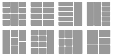 Image collage layout template. Beige mosaic mood board grid collection. Picture frame set. Photo album idea for banner, poster, comic page, flyer, brochure, booklet, memory wall design. Vector pack