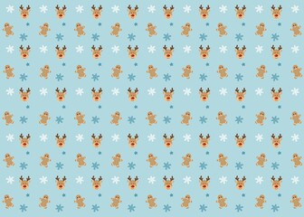 Cute Cartoon Seamless Christmas Pattern with Gingerbread Cookies, Deer Snowflakes Illustration