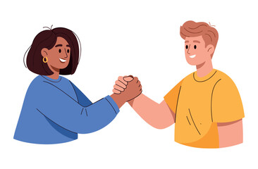 Obraz premium Diverse young adults shaking hands in friendly gesture on white background