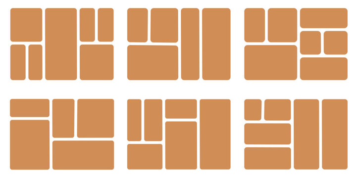 Image collage layout template. Beige mosaic mood board grid collection. Picture frame set. Photo album idea for banner, poster, comic page, flyer, brochure, booklet, memory wall design. Vector pack