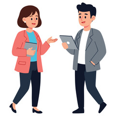 Fototapeta premium Cartoon business meeting: asian female and male professionals discussing with tablets