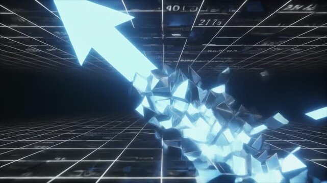 Glowing Blue Arrow Shattering into Cubes Ascending Through Digital Grid growth upward