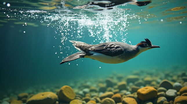 Crystal-Clear River Bird Diving Beneath the Water Surface