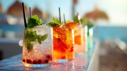 Brightly colored tropical cocktails sit on a bar railing with a stunning ocean view in the background. The drinks feature fruits and mint capturing the essence of a sunny day.