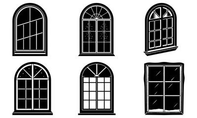 Obraz premium Illustration showing a collection of six different window designs in black and white silhouette style