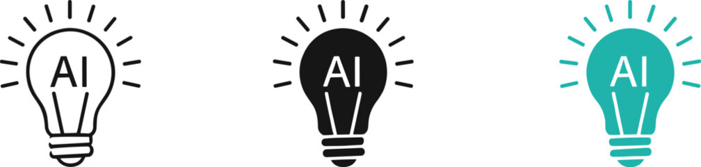 Graphic icon of a lightbulb illuminated by radiating lines and containing the letters 'AI', symbolizing artificial intelligence, smart ideas, innovation, and technological solutions.