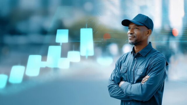 Portrait of a stylish man in a blue cap and shirt, standing confidently with folded arms in a vibrant city environment. Contemporary urban lifestyle and positive attitude concept