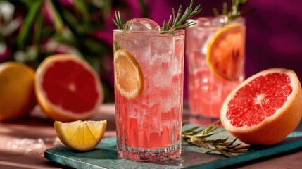 Two tall glasses filled with grapefruit beverages sit on a wooden table. Fresh rosemary lemon slices and grapefruits are arranged nearby providing a colorful and refreshing appeal.