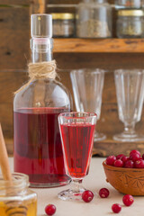 Cranberry tincture (liqueur). Homemade alcoholic drink with berries and spices with honey