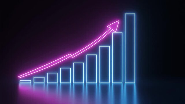 Neon Bar Chart with Upward Trending Arrow in Pink and Blue on Dark Background graph statistics