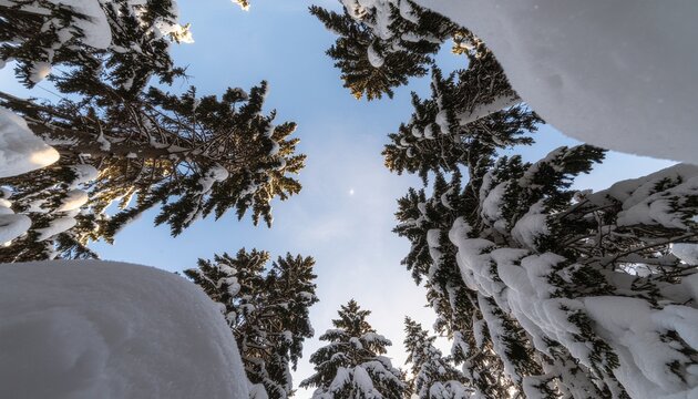 A low-angle view looking up at snow-covered evergreen trees against a clear blue winter sky. - Powered by Adobe