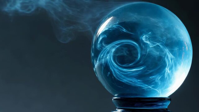 Mystical crystal ball with swirling blue smoke and a dark background