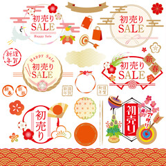 Fototapeta na wymiar 初売り・新春セール素材セット（和風イラスト・飾り・フレーム） 