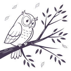 Cute cartoon owl perched on a branch with falling leaves