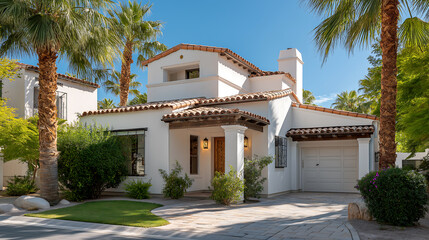 Fototapeta premium Cloud dancer luxury real estate exterior spanish colonial home architecture palm trees design colour of the year 2026