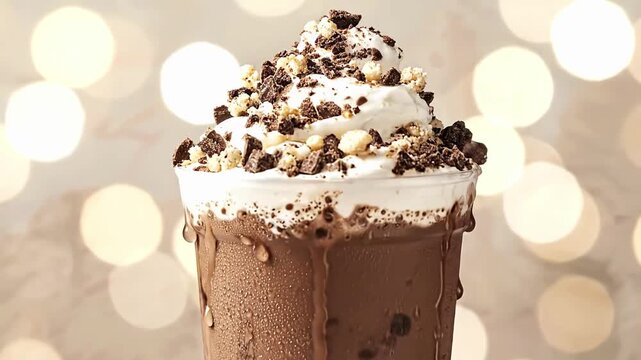 A chilled chocolate drink in a clear cup topped with whipped cream and crumbled cookie pieces with condensation dripping down the side