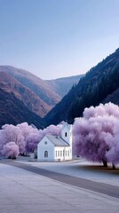White Church in Valley with Pink Trees and Mountains