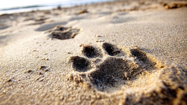 Paw prints mark the texture of sunlit coastal sand leading toward the horizon