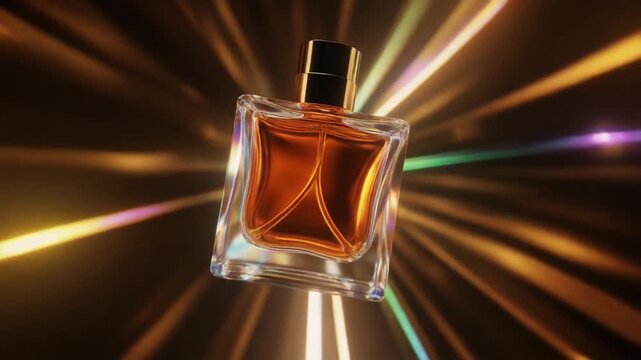Close up of a square perfume bottle with golden liquid and golden cap on a light streaked background