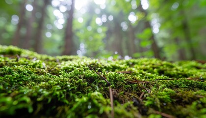 Naklejka premium A low-angle, close-up view of lush green moss covering the forest floor with a blurred woodland background.