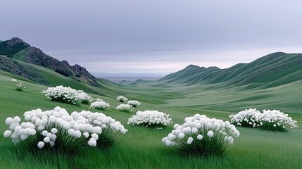 White Flowers Blooming in a Lush Green Valley