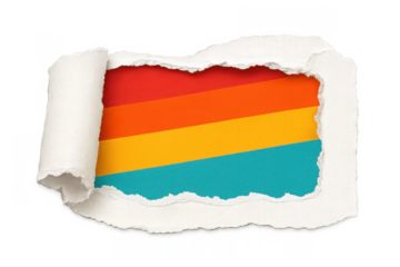 Torn paper revealing a bright striped background with red, orange, yellow, and blue colors, available on a transparent background